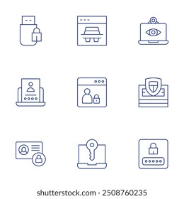 Security icons set. Thin Line style, editable stroke. cctv, economy, login, flash drive, spy, webpage, private account, laptop.