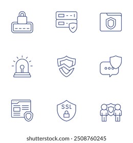 Conjunto de iconos de seguridad. Estilo de línea delgada, trazo editable. alarma, brecha de seguridad, chat, navegador, SSL, seguridad, servidor, carpeta, Contraseña.