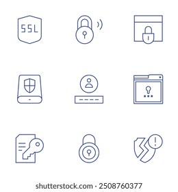 Conjunto de iconos de seguridad. Estilo de línea delgada, trazo editable. página web, seguridad, SSL, almacenamiento de datos, contrato, bloqueo, seguridad personal.