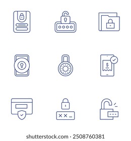 Ícones de segurança definidos. Estilo de linha fina, traço editável. desbloquear, confidencial, cadeado, verificado, senha, login, fechadura, firewall.
