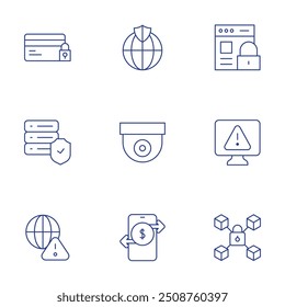Security icons set. Thin Line style, editable stroke. security camera, server, alert, online transfer, lock, online security, credit card, internet security.