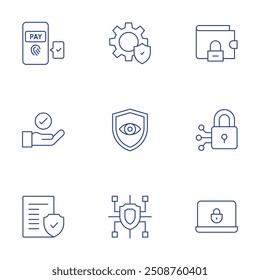 Ícones de segurança definidos. Estilo Thin Line, curso editável. autenticação de pagamento, configurações, carteira, mão, olho, segurança cibernética, documento legal, cibersegurança.