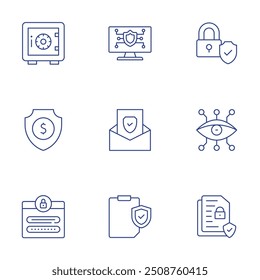 Ícones de segurança definidos. Estilo de linha fina, traço editável. cadeado, ciber, segurança de dados, depósito seguro, segurança cibernética, blindagem, protegido, login, área de transferência.