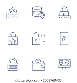 Security icons set. Thin Line style, editable stroke. firewall, database, password, padlock, lock, wallet, vpn.