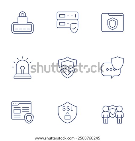 Security icons set. Thin Line style, editable stroke. alarm, security breach, chatting, browser, ssl, security, server, folder, password.