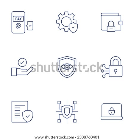 Security icons set. Thin Line style, editable stroke. payment authentication, settings, wallet, hand, eye, cyber security, legal document, cyber, security.