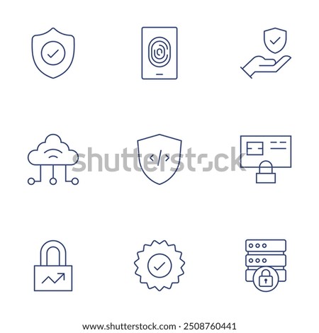 Security icons set. Thin Line style, editable stroke. fingerprint, data protection, shield, credit card, guarantee, database, virtual, increase.