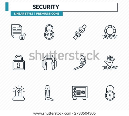 security icons set - unlocked file, underage, seat belt, drowning, padlock close outline vector collection.