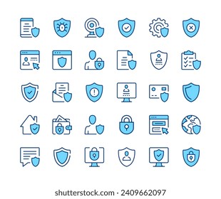 Security icons set. Vector line icons. Blue color outline stroke symbols. Modern concepts