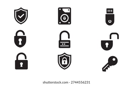 Security icons. Shield with check, hard drive, USB, lock, unlock, key, and shield with lock. Vector.