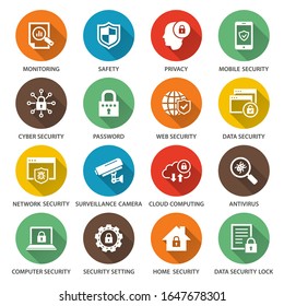Security icons. Simple illustrations with long shadow isolated for graphic and web design.