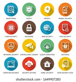 Security icons. Simple illustrations with long shadow isolated for graphic and web design.