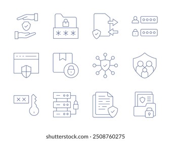 Security icons. Thin Line style, editable stroke. transfer, security, protected, family insurance, secret file, folder, delivery box, data server, id.