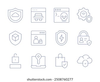 Iconos de seguridad. Estilo de línea delgada, carrera editable. terminal, escudo, compras en línea, seguridad, computación en la nube, espía, página web, computadora portátil, protección.