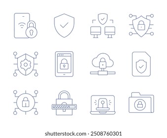 Security icons. Thin Line style, editable stroke. padlock, unlocking, cyber security, verified, secure, cloud storage, alert, insurance, security, secure folder.