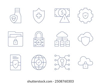 Security icons. Thin Line style, editable stroke. money, server, key, lock, prevention, worldwide, food security, security, secure, cloud.