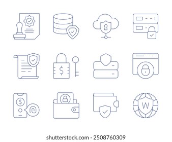 Security icons. Thin Line style, editable stroke. lock, server, wallet, security, stamp, insurance, fingerprint, world grid, database.