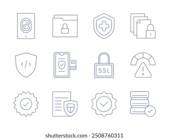Iconos de seguridad. Estilo de línea delgada, carrera editable. seguro de salud, Capa de sockets seguros, calidad, riesgo, huella digital, escudo, garantía, servidor, carpeta, pago, archivo, documento.