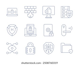 Security icons. Thin Line style, editable stroke. firewall, password, padlock, data, smart door, online shopping, web maintenance, dns, security, secure folder.