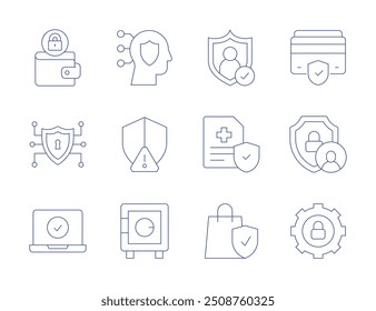 Iconos de seguridad. Estilo de línea delgada, carrera editable. Cuenta, bolso de compras, seguro de salud, antivirus, cheque, candado, seguridad, caja de seguridad.