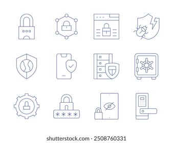 Iconos de seguridad. Estilo de línea delgada, carrera editable. acceso, seguro, seguridad, datos, escudo, caja fuerte, puerta inteligente, restricción, candado, seguridad de datos.