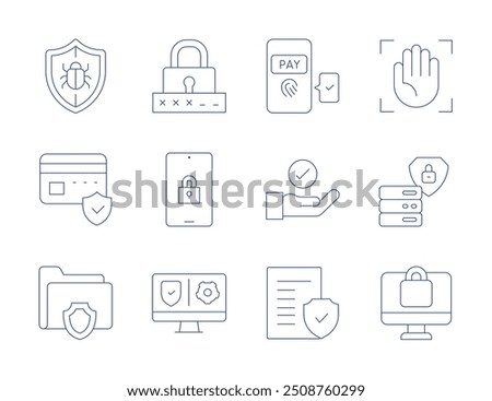 Security icons. Thin Line style, editable stroke. payment authentication, hand, legal document, palm, data security, computer, anti virus, secure payment, protection, password, padlock, vpn.