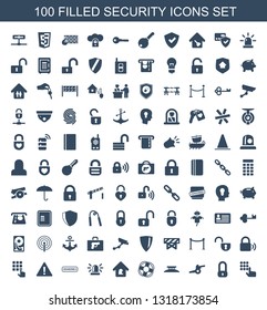 security icons. Trendy 100 security icons. Contain icons such as hand on atm, lock, cannon, wire fence, lifebuoy, lock home, siren, censored. security icon for web and mobile.