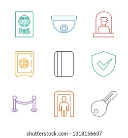 security icons. Trendy 9 security icons. Contain icons such as key, metal gate detector, fence, shield, passport, Safe, airport officer, security camera. icon for web and mobile.
