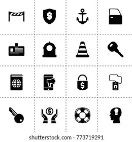 Security icons. vector collection filled security icons. includes symbols such as siren, car door, car key, money lock, badge, cone barrier. use for web, mobile and ui design.