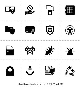 Security icons. vector collection filled security icons. includes symbols such as safe, chain, siren, car door, bug, money insurance, badge. use for web, mobile and ui design.