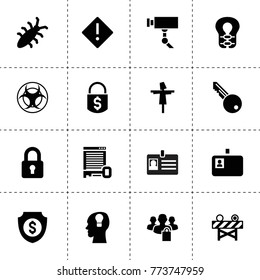 Security icons. vector collection filled security icons. includes symbols such as scarecrow, money shield, bug, badge, money lock. use for web, mobile and ui design.