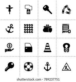 Security icons. vector collection filled security icons. includes symbols such as scarecrow, chain, car door, car key, badge, cone barrier. use for web, mobile and ui design.
