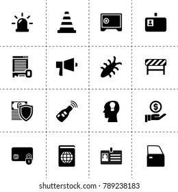 Security icons. vector collection filled security icons. includes symbols such as car door, car key, siren, bug, money insurance, badge. use for web, mobile and ui design.