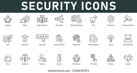 Ilustración vectorial de iconos de seguridad con trazo editable de línea delgada que contiene cifrado de seguridad Pagos seguros Protección contra riesgos Pólizas de seguro de cámara Contraseña Protección de datos de huellas dactilares