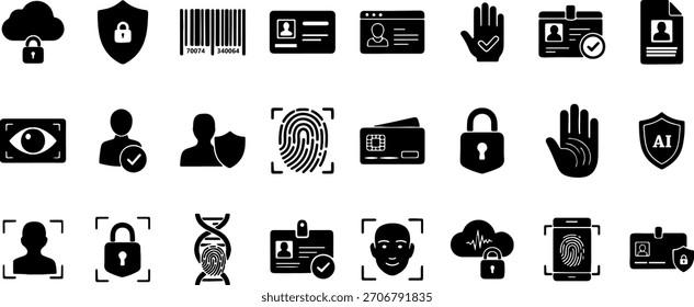 Conjunto de ícones de segurança e identificação, incluindo autenticação biométrica, proteção de dados, identidade digital, controle de acesso e símbolos de privacidade