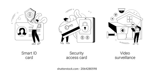 Security and identity verification abstract concept vector illustration set. Smart ID card, electronic opening system, video surveillance, automatic access, hidden wireless camera abstract metaphor.