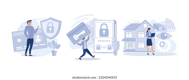 Security and identity verification concept,  Smart ID card, electronic opening system, video surveillance, set flat vector modern illustration