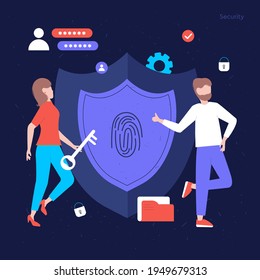 Concepto de ilustración de seguridad con iconos y caracteres. La gente usa la tecnología para proteger sus datos. Ilustraciones oscuras de los negocios digitales