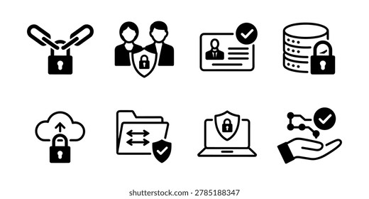 Security including lock chain user I D database cloud folder laptop and hand with graph data protection in white background