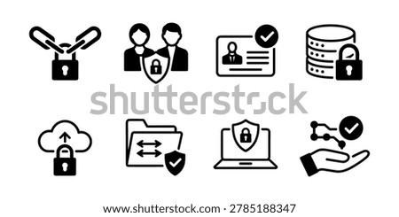 Security including lock chain user I D database cloud folder laptop and hand with graph data protection in white background