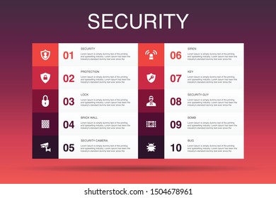Seguridad Infografía 10 opción de Plantilla. protección, cámara de seguridad, clave, iconos de bomba