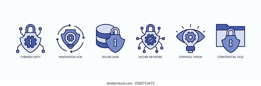 Security And Innovation Icon Set Isolated Vector With Icon Of Cybersecurity, Innovation Hub, Secure Data, Secure Network, Strategic Vision, Confidential Files In Blue Style