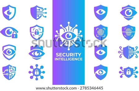 Security intelligence icons. Featuring eye shield fingerprint and lock symbols for privacy and protection.