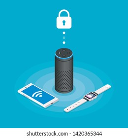 Security Internet of things isometric composition on turquoise background with assistant speaker, smartphone and watch vector illustration