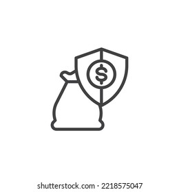 Security investment line icon. linear style sign for mobile concept and web design. Money bag and protection shield outline vector icon. Symbol, logo illustration. Vector graphics