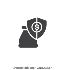 Security investment vector icon. filled flat sign for mobile concept and web design. Money bag and protection shield glyph icon. Symbol, logo illustration. Vector graphics