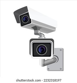 Security IP camera and CCTV surveillance system. License plate recognition camera. Video surveillance monitoring. Vector 3d illustration isolated on white background.