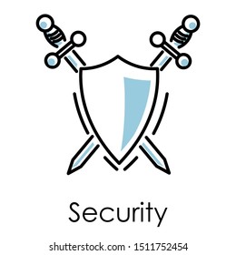 Security isolated linear icon, data base and safe information, shield and swords vector. Safety program or application, protection system. Safe mining and media files antivirus, private access