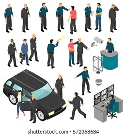 Security Isometric Set With Personal Guards And Professional Equipment Checkpoint And Surveillance System Isolated Vector Illustration