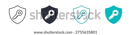 Security key icons, shield with key access symbol, data protection and encryption icon in line and silhouette style, vector illustration